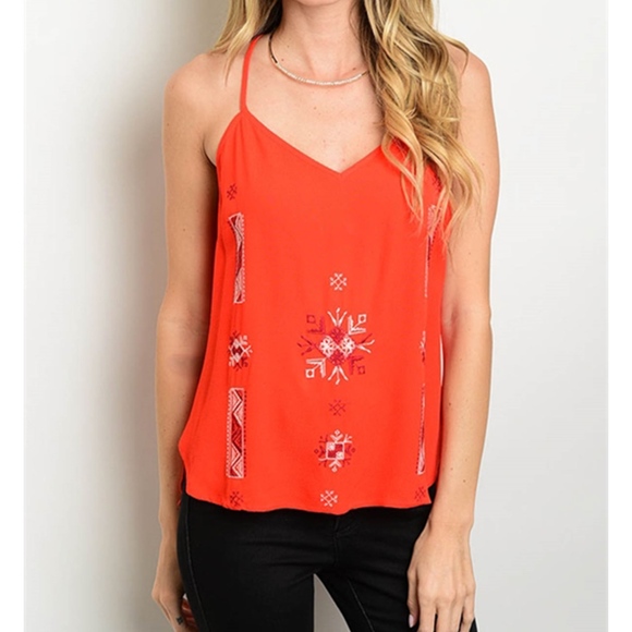 Golden Threads Tops - Spaghetti Strap Orange Top with Tribal Details